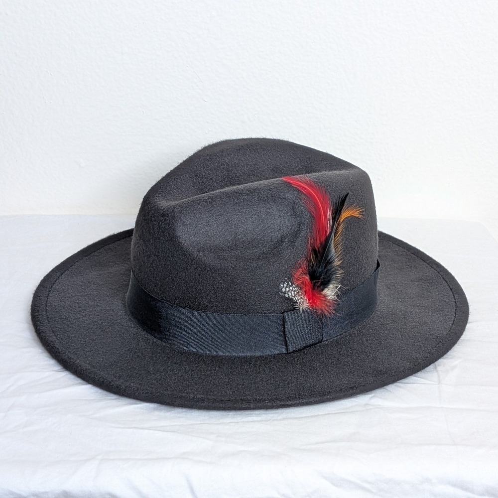NWOT Unbranded Mens Black Wide Brim Fedora w Feather Detail 57cm Felt Dress Hat